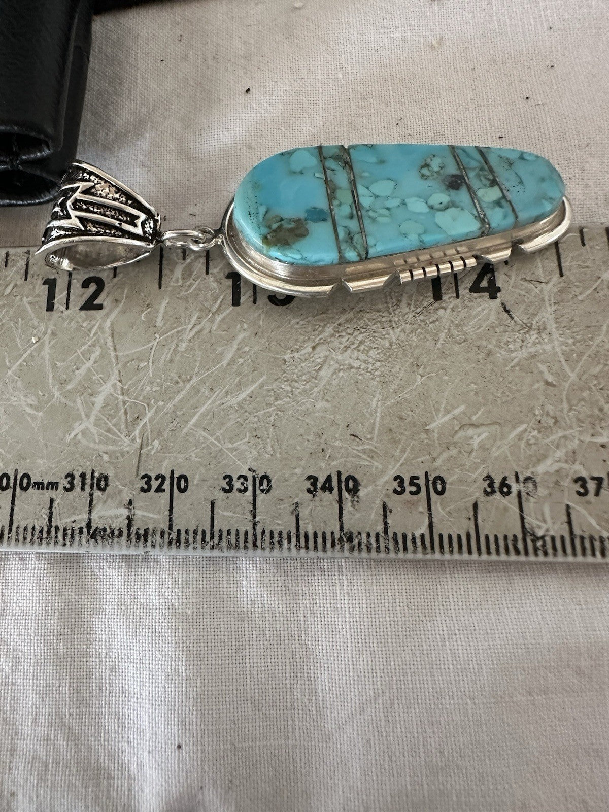 Navajo B E Inlay 925 Sterling Silver Turquoise Pendant Cobblestone 2.5" 19398