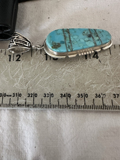Navajo B E Inlay 925 Sterling Silver Turquoise Pendant Cobblestone 2.5" 19398