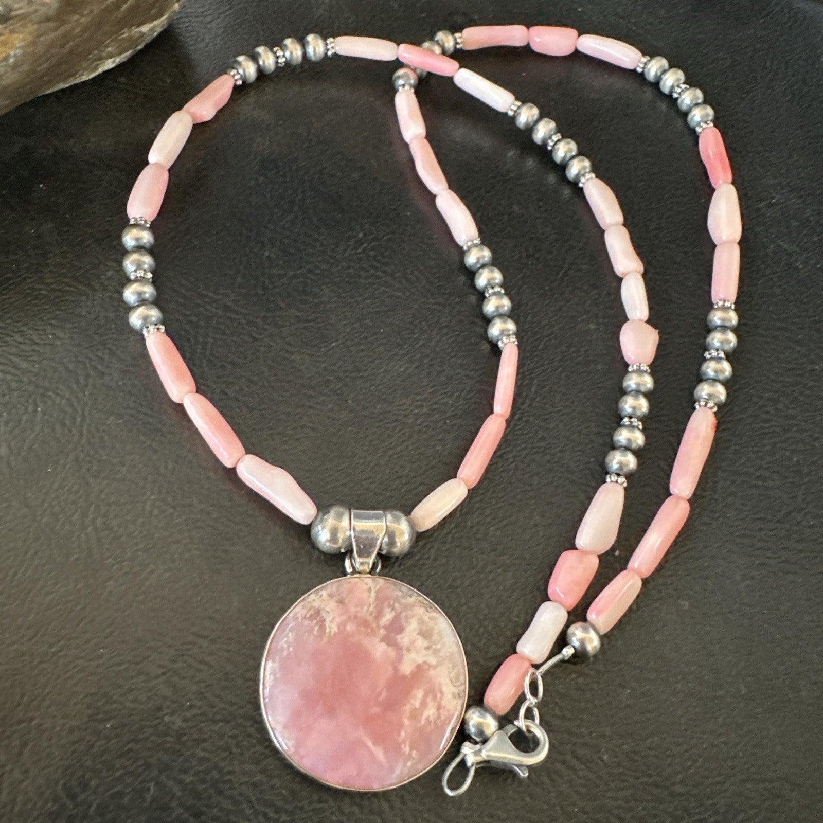 Southwestern Sterling Silver Pink Coral Bead Necklace Quartz Pendant 24" 19588