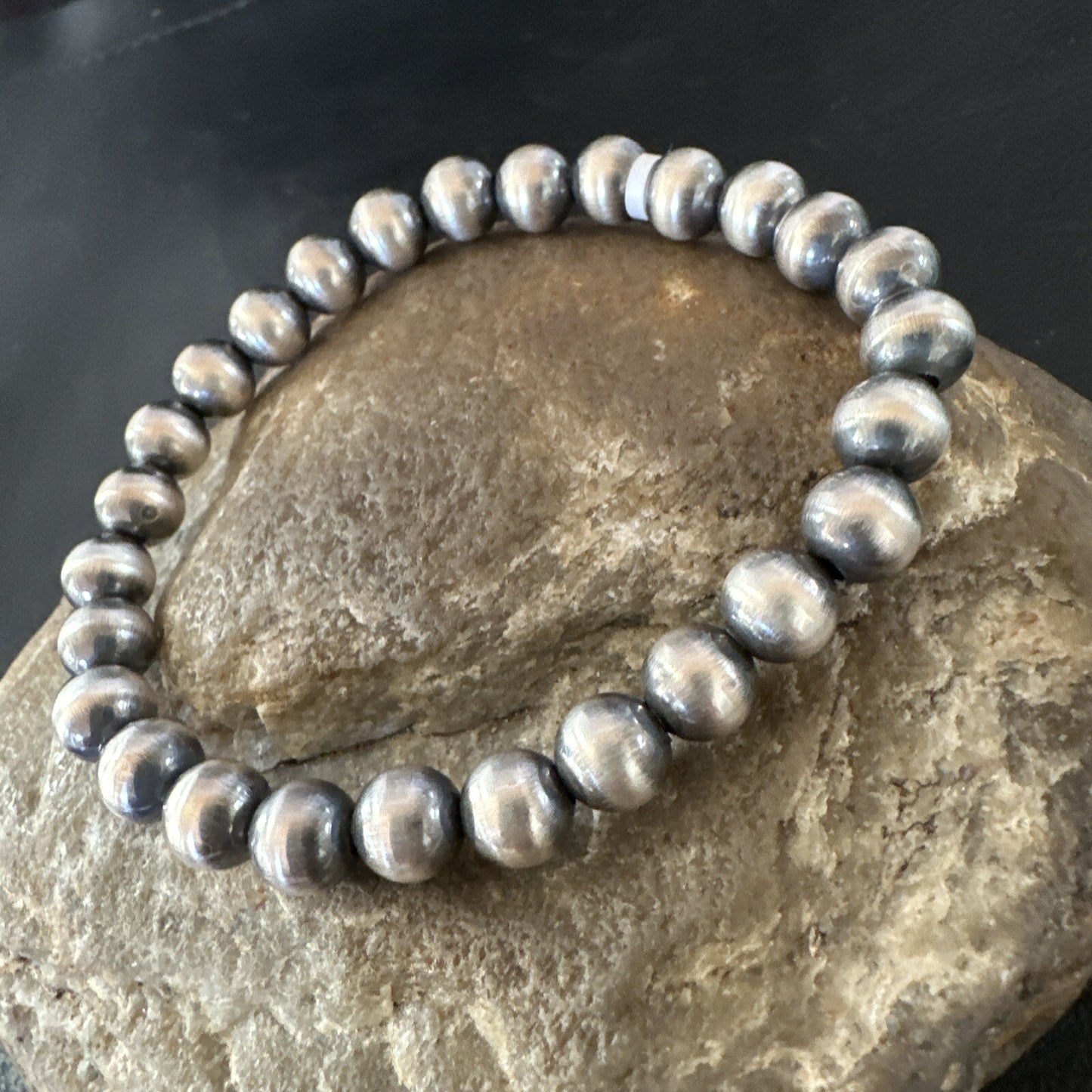 Native American 7mm Beads 7” Sterling Silver Stretch Beads Bracelet 90702