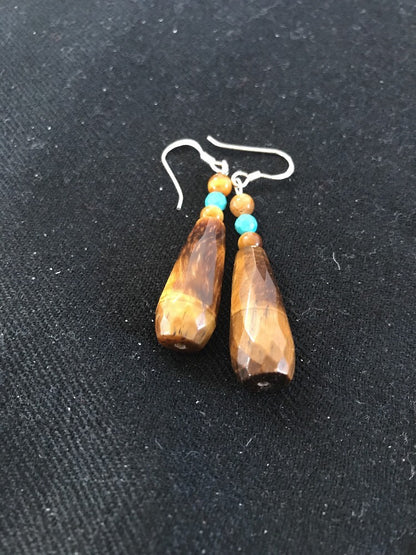 Tiger's Eyes Turquoise Faceted Navajo Sterling Silver Dangle Earrings 01995