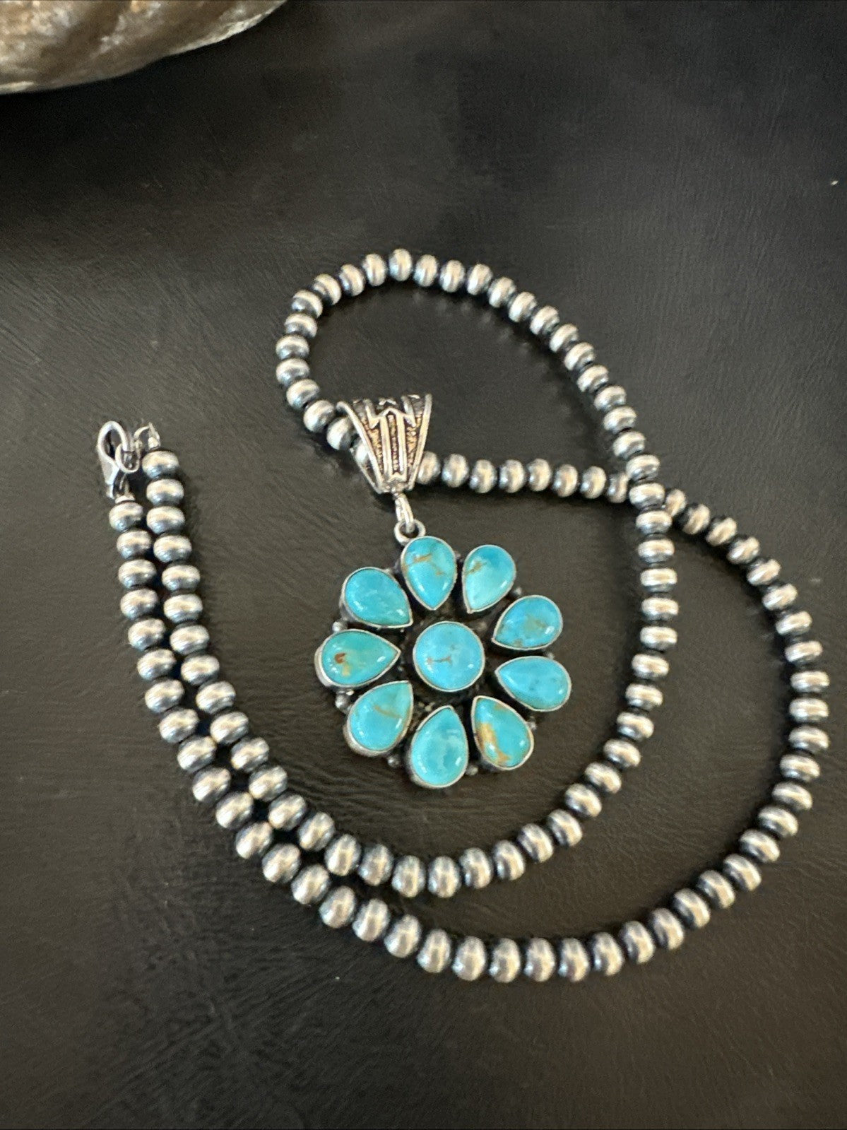 Blue Turquoise Navajo Sterling Silver Cluster Round Pendant Necklace 2”19303