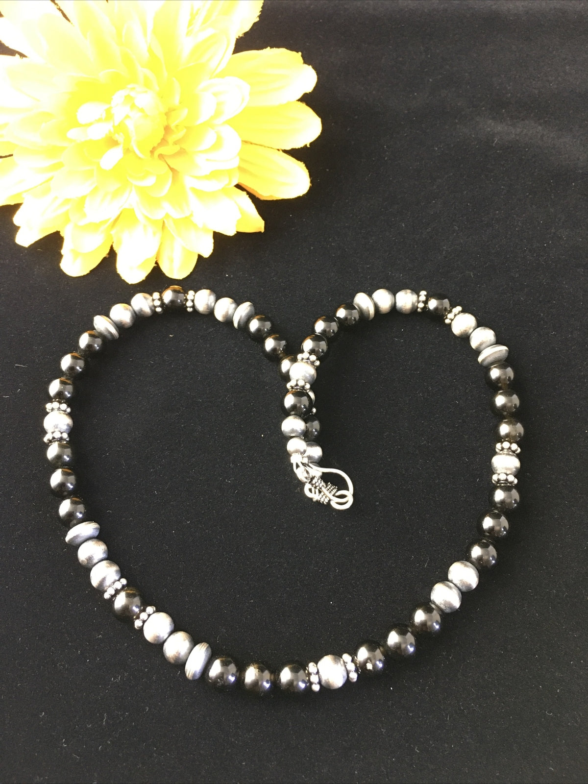 Mens Black Onyx Navajo Sterling Silver Bead Necklace 1743