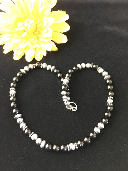 Mens Black Onyx Navajo Sterling Silver Bead Necklace 1743