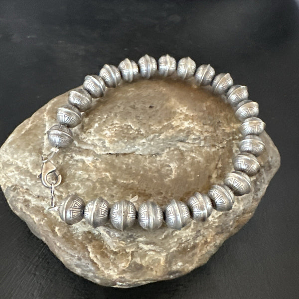 Handmade Stamped Navajo Pearls 8mm Beads 7"Bracelet | Sterling Silver | Authentic Native American Handmade | 90907
