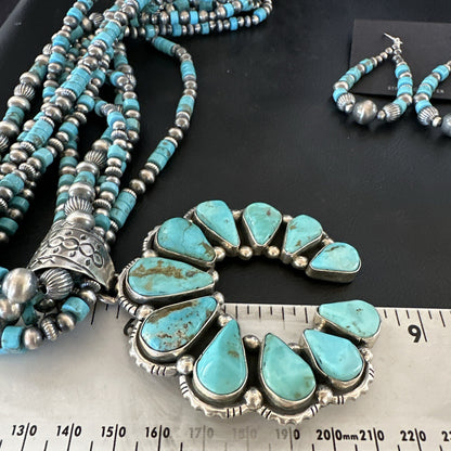 Blue Turquoise Naja Pendant Navajo Sterling Silver Earrings Necklace 21" 16865