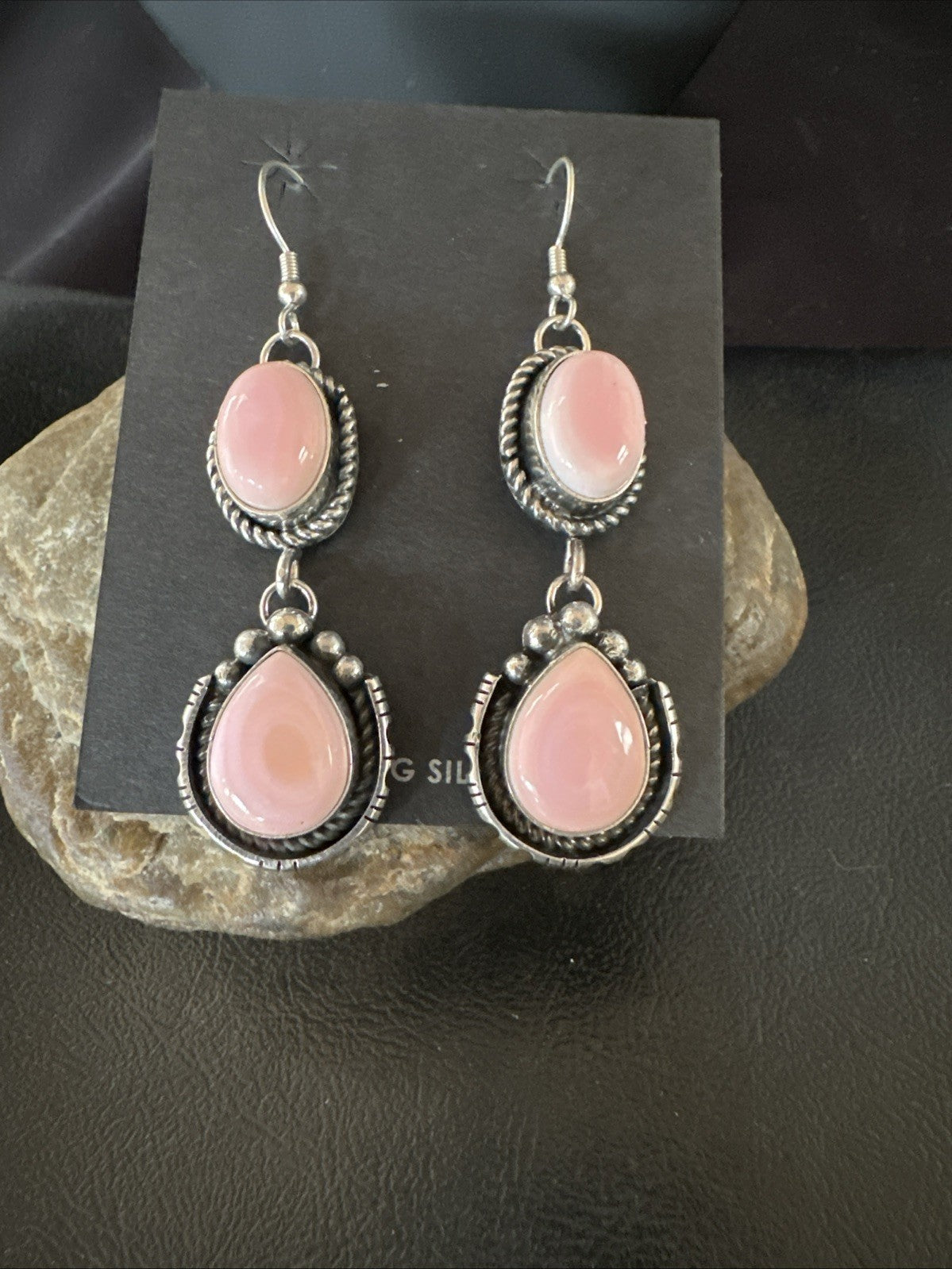 Yazzie Pink Queen Conch Navajo Sterling Silver Dangle Earrings 19320