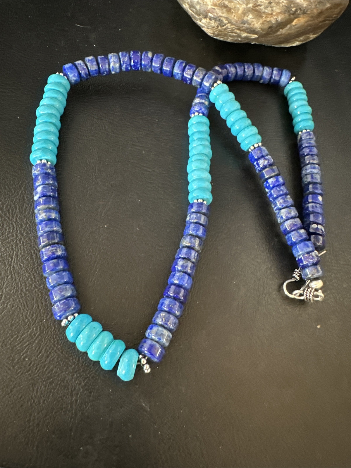 Mens Navajo Beads Lapis Sterling Silver Necklace Turquoise 23” 14941