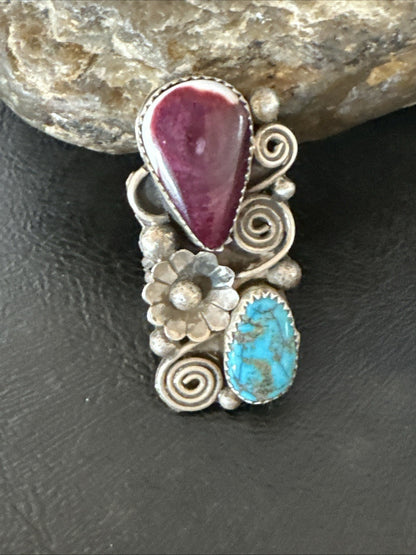 Cluster Kingman Turquoise Purple Spiny Navajo Sterling Silver Ring Sz 5.5 19105