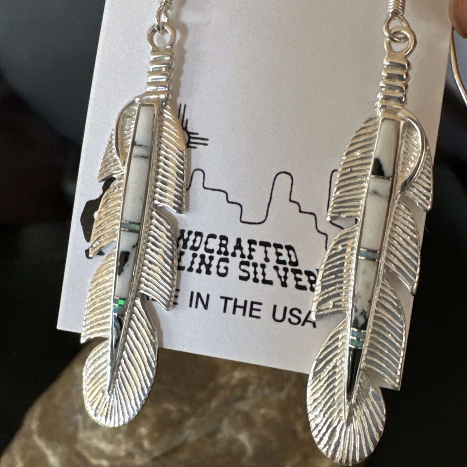 White Buffalo Turquoise Opal Sterling Silver Handmade Feather Earrings 18697