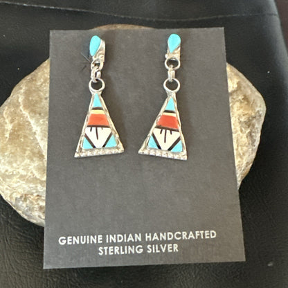 Turquoise Onyx Inlay Zuni Sterling Silver Old Pawn Earrings 00269