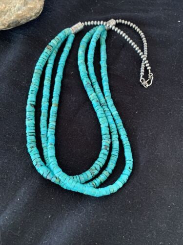 Navajo 3 Strand Turquoise Heishi Necklace Sterling Silver 24" 11776