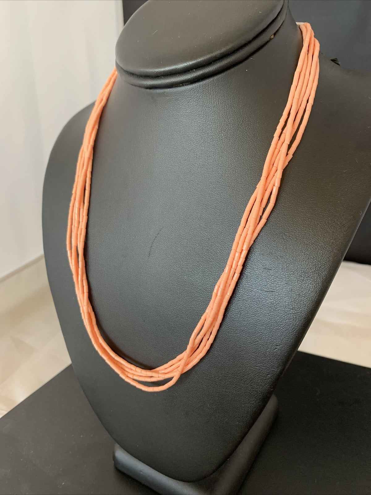 Pink Coral Stabilized Bead 5 Strand Navajo Sterling Silver Necklace 02208
