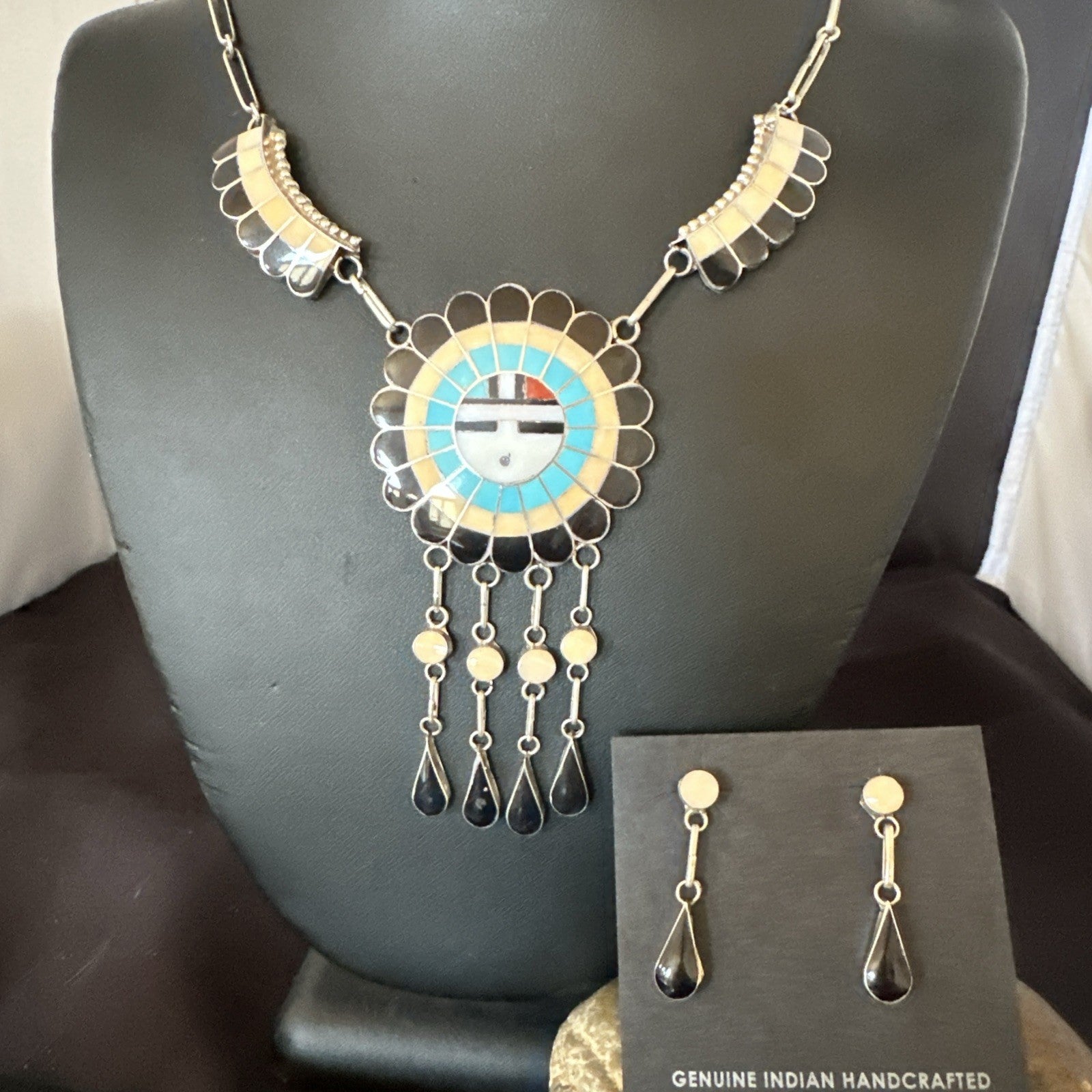 Sunface Spiny Onyx Turquoise Zuni Sterling Silver Necklace 18" Earrings 19115