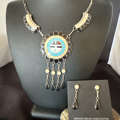Sunface Spiny Onyx Turquoise Zuni Sterling Silver Necklace 18" Earrings 19115
