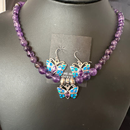 Butterfly Navajo Purple Amethyst Opal Sterling Silver Necklace Earrings 15299