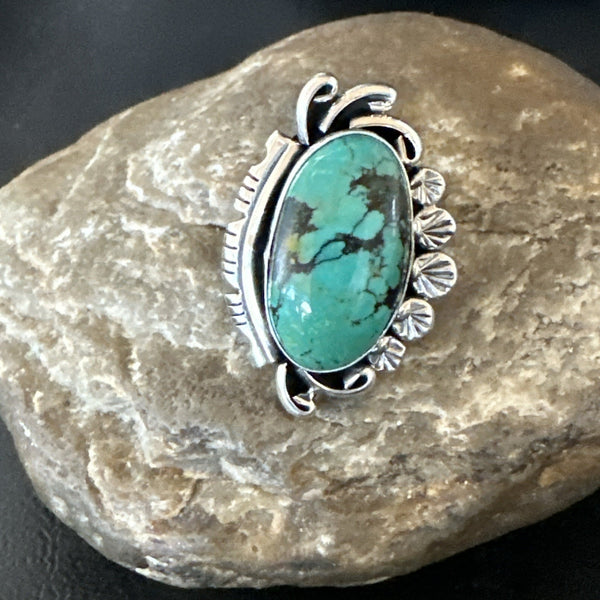 Yazzie Handmade Navajo Blue Kingman Turquoise Ring Size 8 | Sterling Silver | Authentic Native American Handmade | 19626