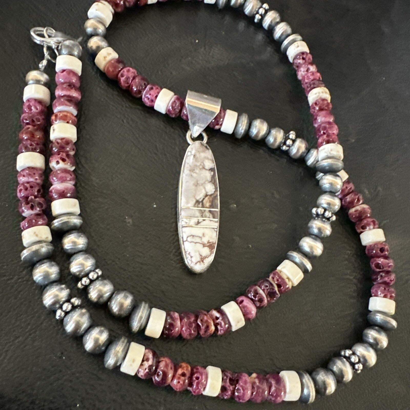 Purple Spiny Oyster Wild Horse Pendant Navajo Sterling Silver Necklace 17795