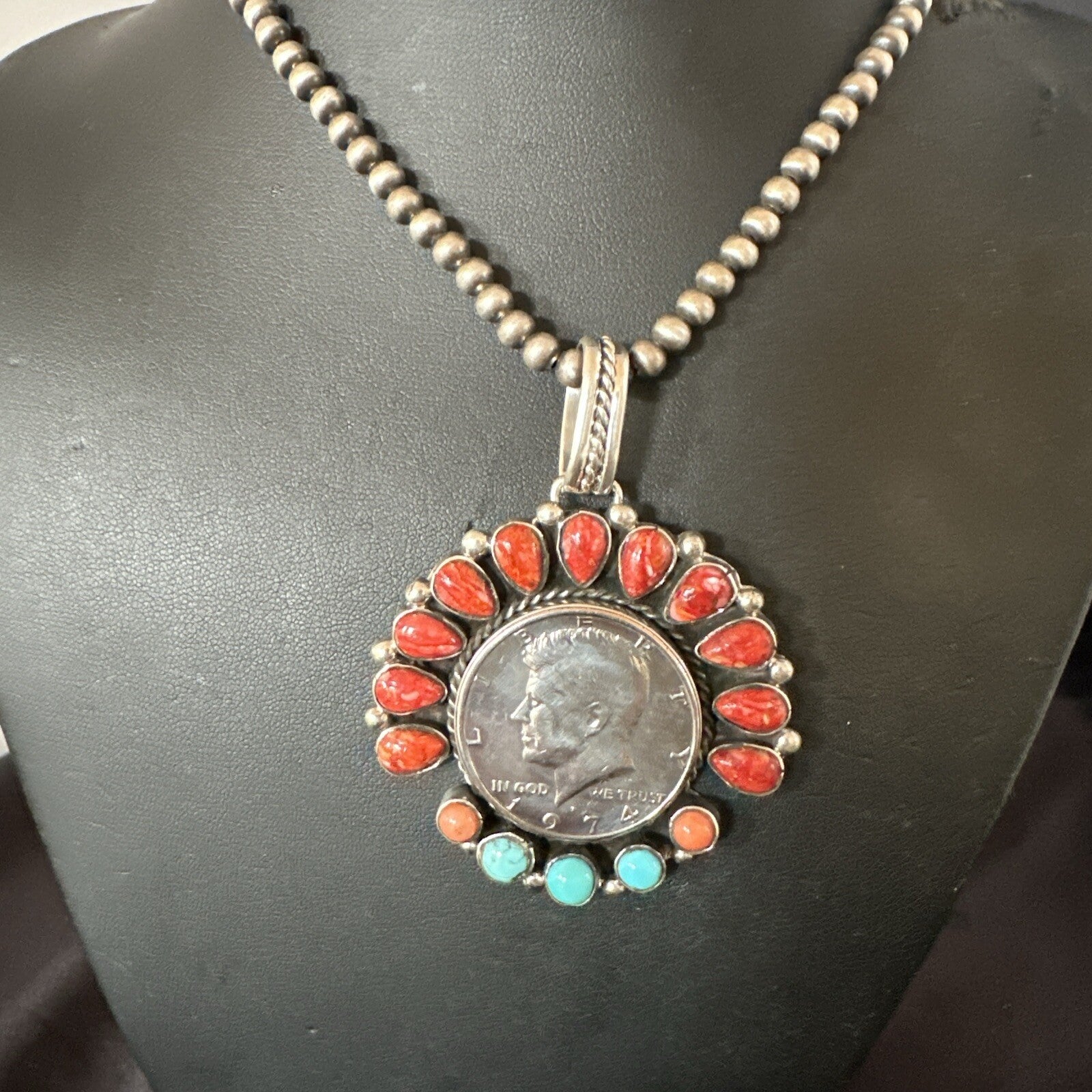 Coin Pendant Red Spiny Oyster Turquoise Navajo Sterling Silver Necklace 17924
