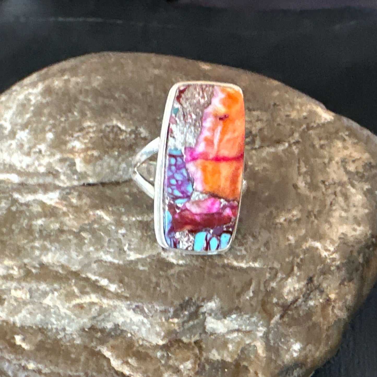 Blue Turquoise Spiny Oyster Southwestern Sterling Silver Ring Size 5 18502