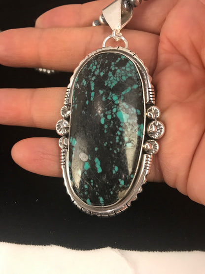 Green SpiderWeb Turquoise Pendant Navajo Pearls Sterling Silver Necklace 1329