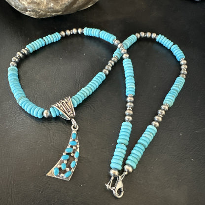Blue Turquoise Cluster Pendant Navajo Sterling Silver Necklace 20" 19715