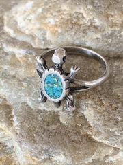 Blue Turquoise Navajo Old Pawn Turtle Ring Size 4.5 | Sterling Silver | Authentic Native American Handmade | 10787