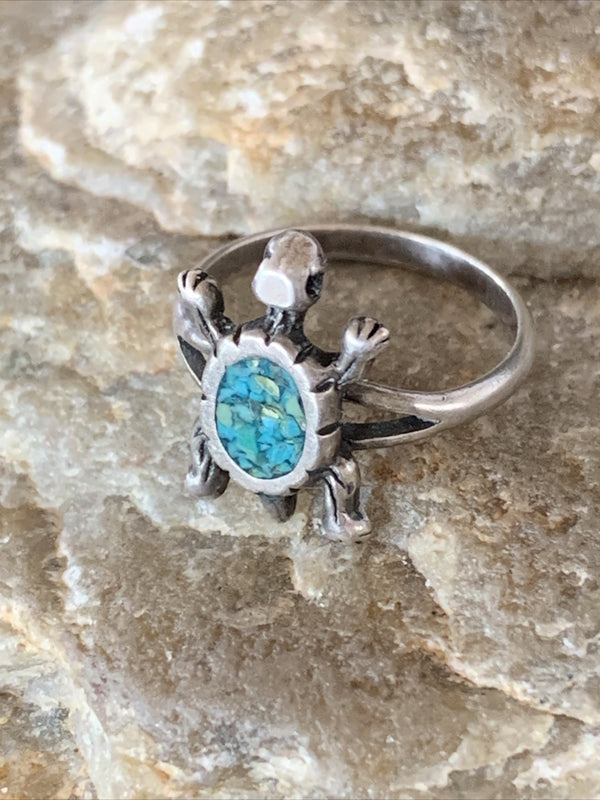 Blue Turquoise Navajo Old Pawn Turtle Ring Size 4.5 | Sterling Silver | Authentic Native American Handmade | 10787