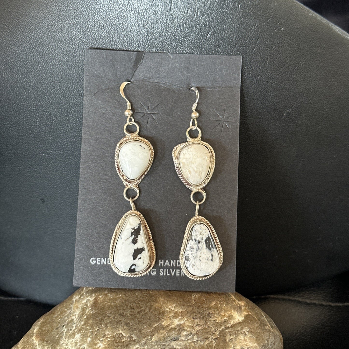 Womens White Buffalo Turquoise Navajo Sterling Silver Dangle Earrings 2” 17962