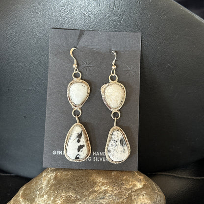 Womens White Buffalo Turquoise Navajo Sterling Silver Dangle Earrings 2” 17962