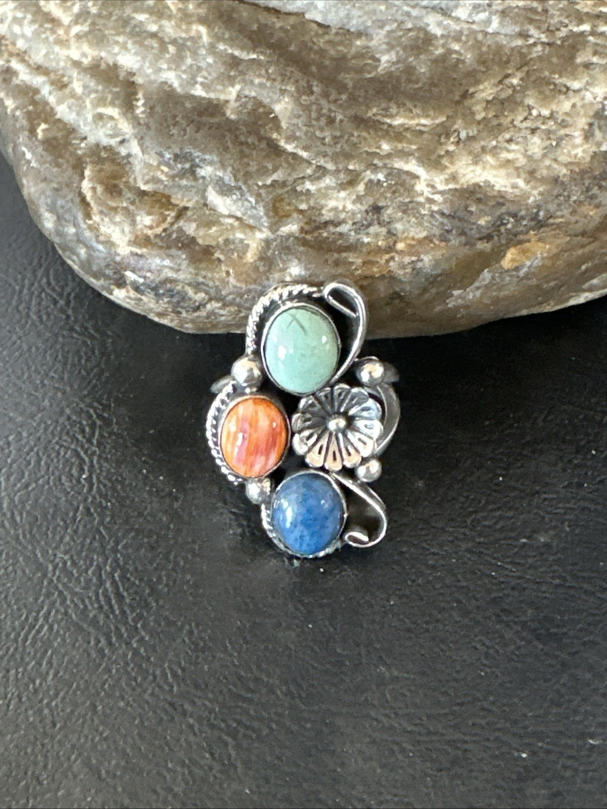 Multicolor Ring Turquoise Spiny Navajo Sterling Silver Cluster Size 9 19187
