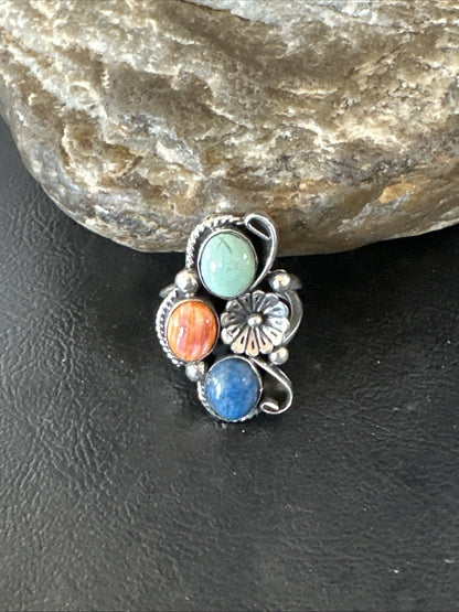 Multicolor Ring Turquoise Spiny Navajo Sterling Silver Cluster Size 9 19187