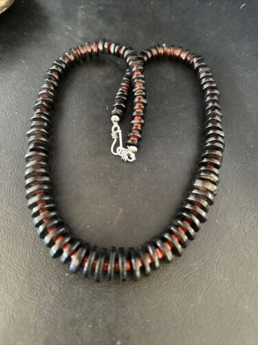 Navajo Bamboo Coral Black Onyx Necklace Sterling Silver 20" 14431