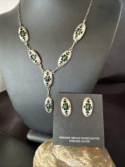 Old Navajo Green Malachite Sterling Silver Shadowbox Necklace Earrings 18”19106