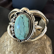 Yazzie Kingman Turquoise Navajo Tufa Cast Cuff Bracelet | Sterling Silver | Authentic Native American Handmade | 19690