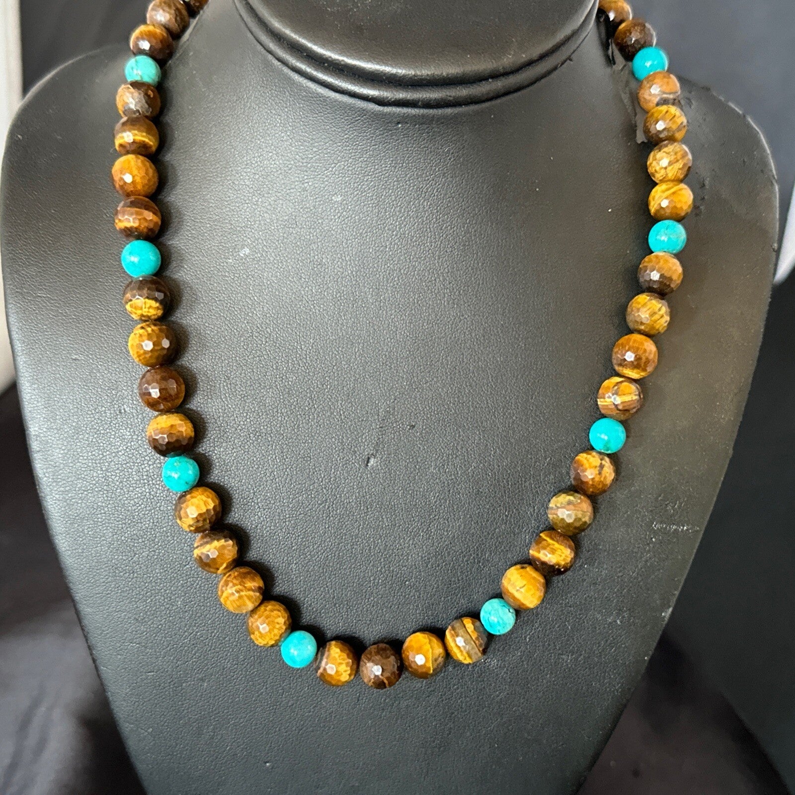 WoMens Tiger Eye Blue Turquoise  Sterling Silver Beads Necklace 19” 18169