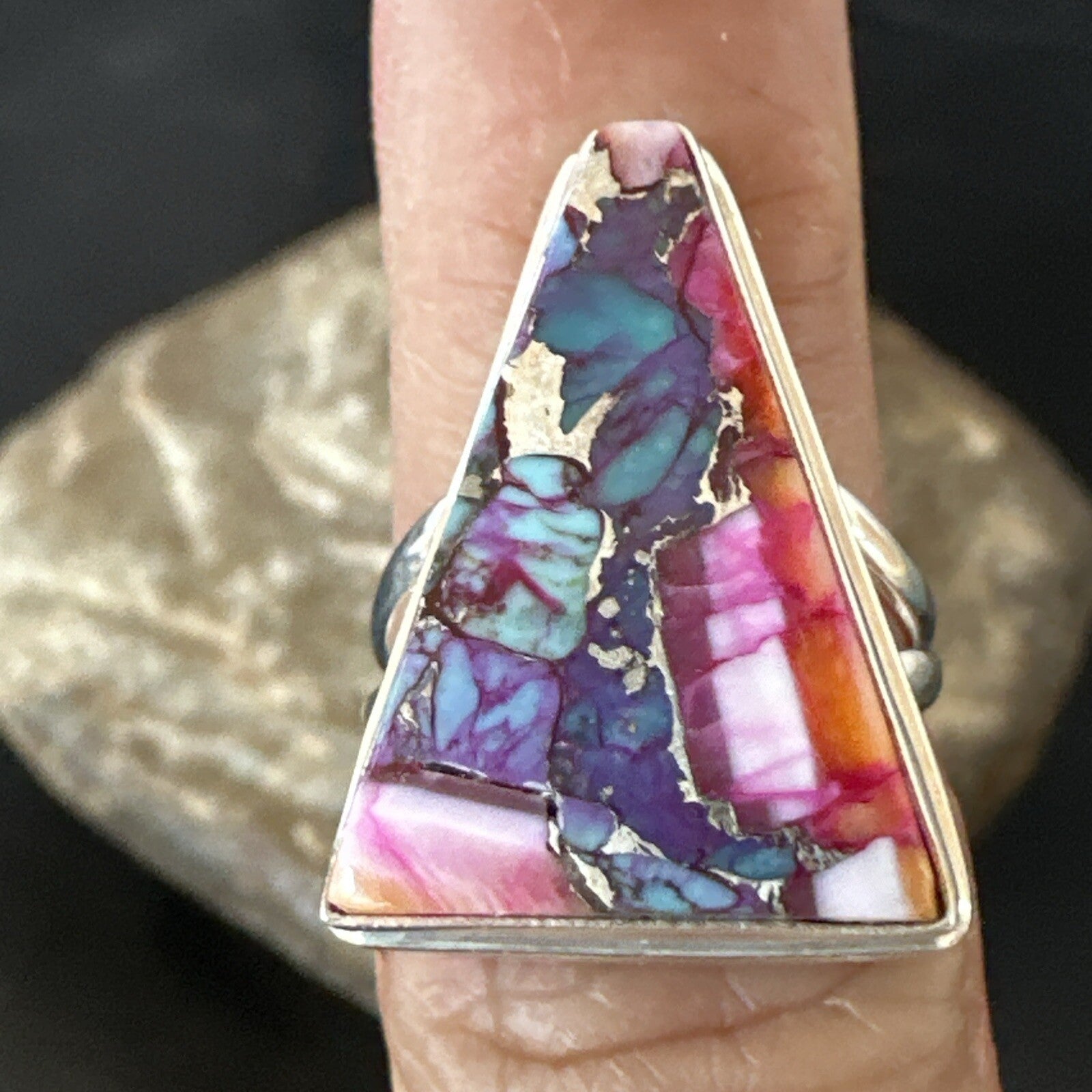 Blue Turquoise Spiny Oyster Southwestern Sterling Silver Ring Size 5 18500