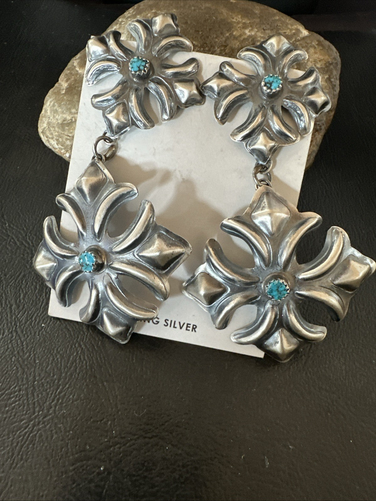 Womens Stamped Blue Turquoise Dangle Earrings Navajo Sterling Silver 19784