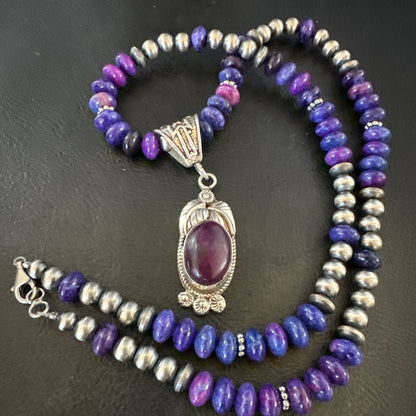 Purple Stone Pendant Navajo Pearls Sterling Silver Necklace 21” 18033