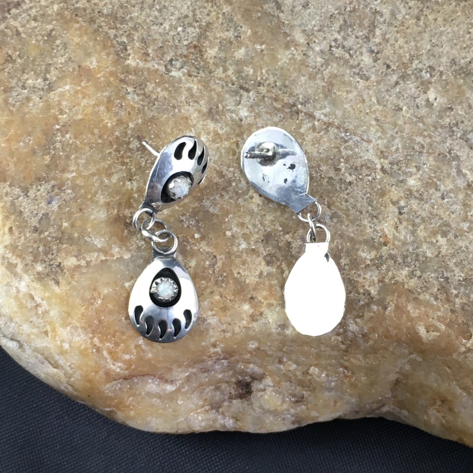 White Opal Navajo Sterling Silver Post Dangle Bear Paw Earrings 1.30" 08694