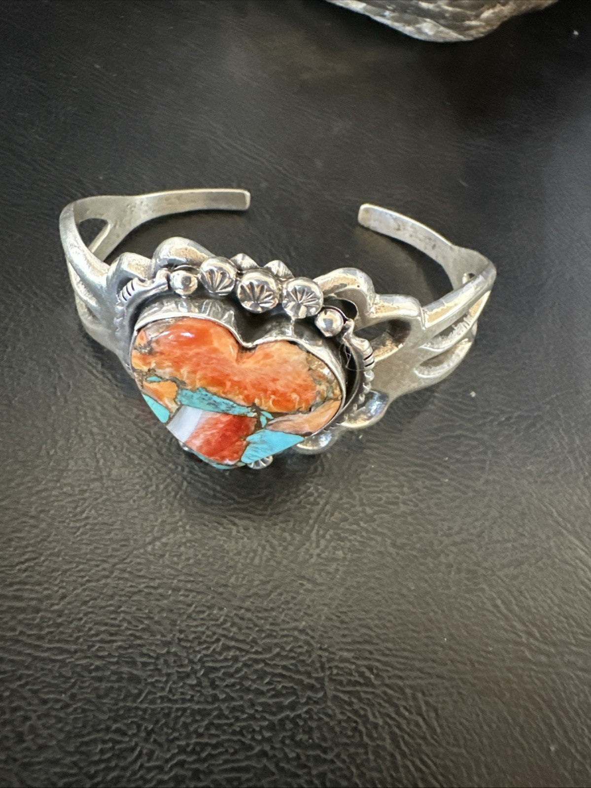 WoMens Tufa Heart Spiny Turquoise Navajo Silver Cuff Bracelet 7.6” 19457