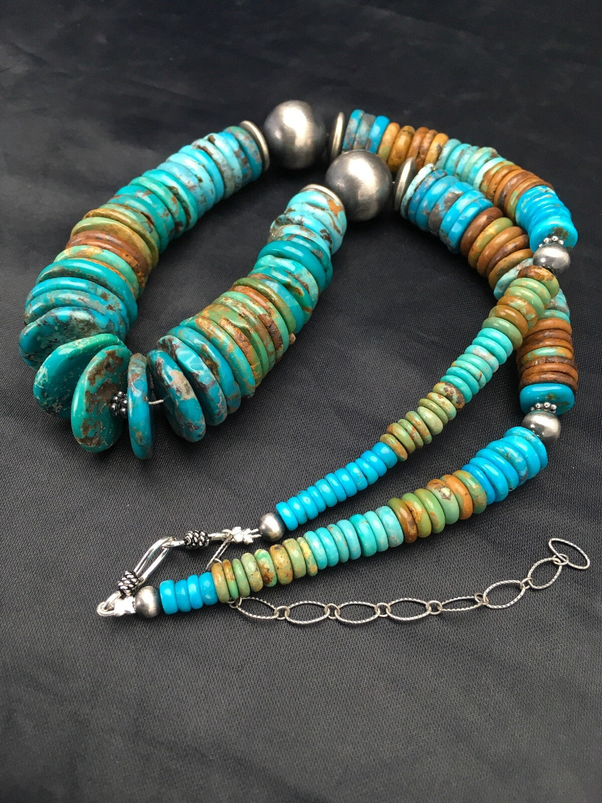 Blue Green Turquoise Navajo Sterling Silver Beads Necklace 02607