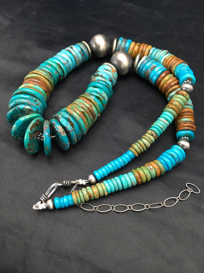 Blue Green Turquoise Navajo Sterling Silver Beads Necklace 02607