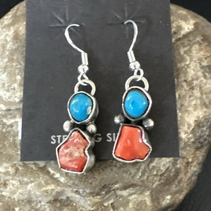 Handmade Blue Turquoise Red Coral Sterling Silver Navajo Dangle Earrings 18839