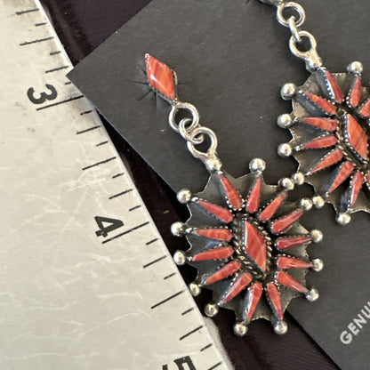 Red Coral Needlepoint Zuni Sterling Silver Dangle Earrings 19100