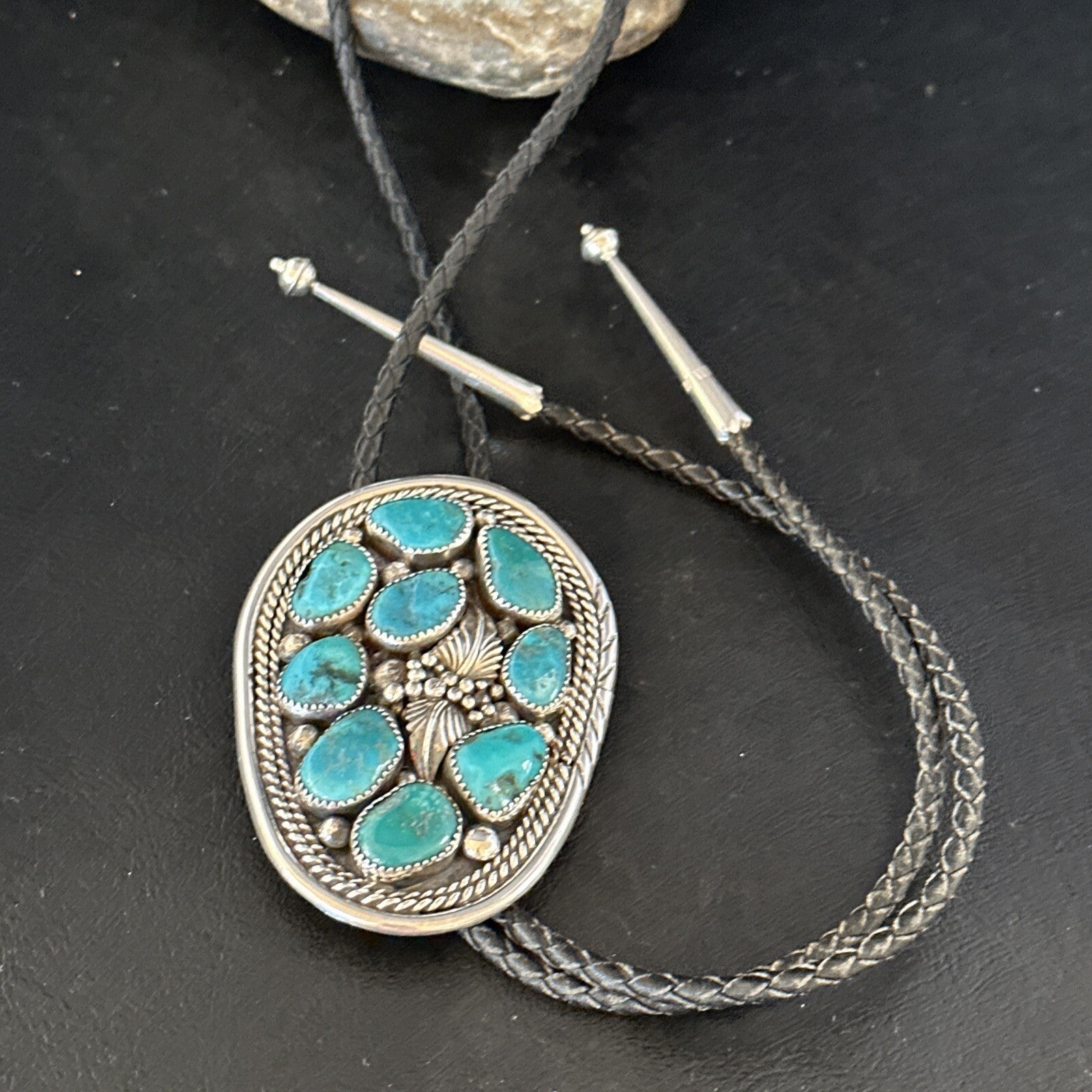 Mens Bolo Tie Cluster Blue Kingman Turquoise Sterling Silver Navajo 14522