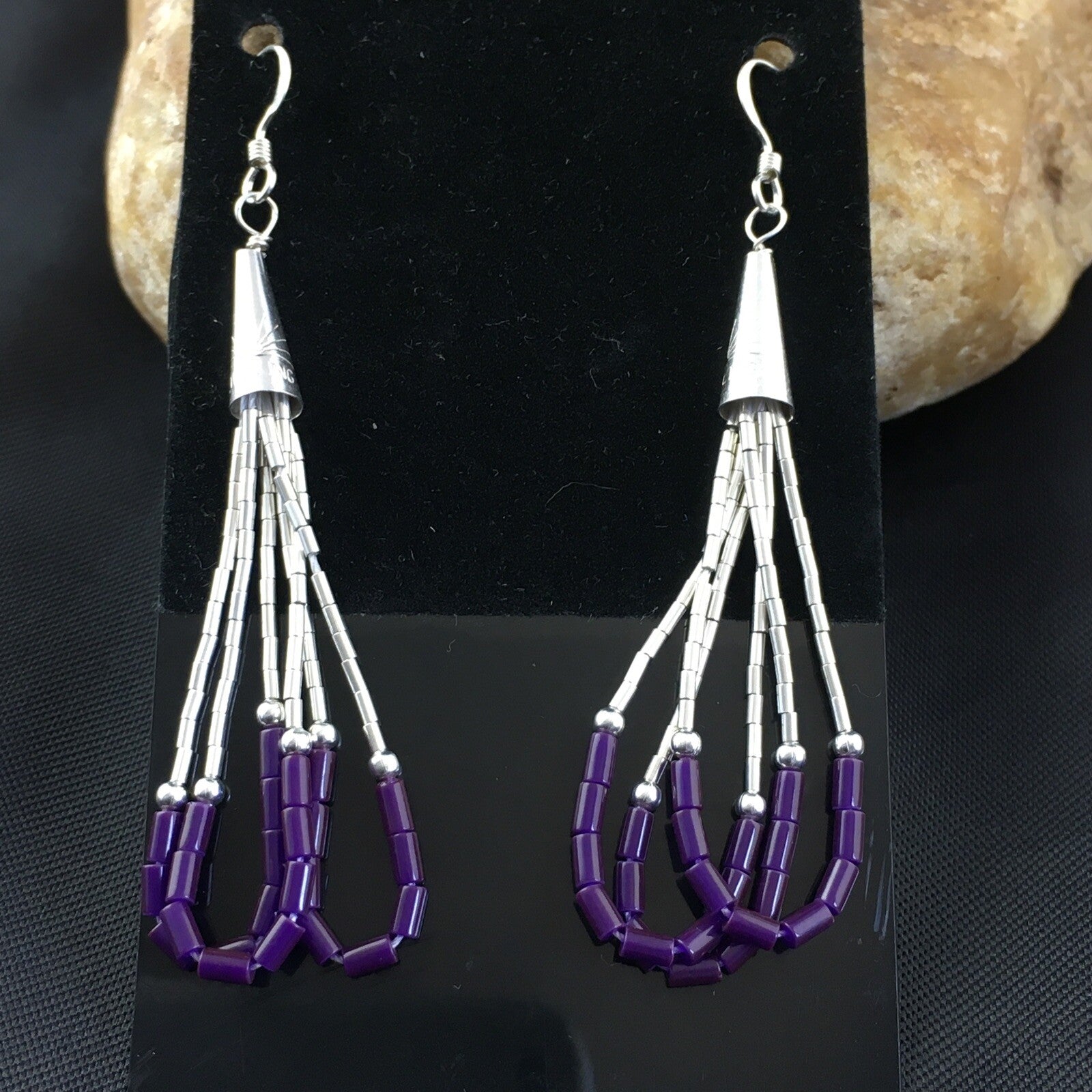 Purple Stone 3 Strands Heishi Liquid Sterling Silver Dangle Earrings 1997