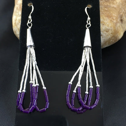 Purple Stone 3 Strands Heishi Liquid Sterling Silver Dangle Earrings 1997