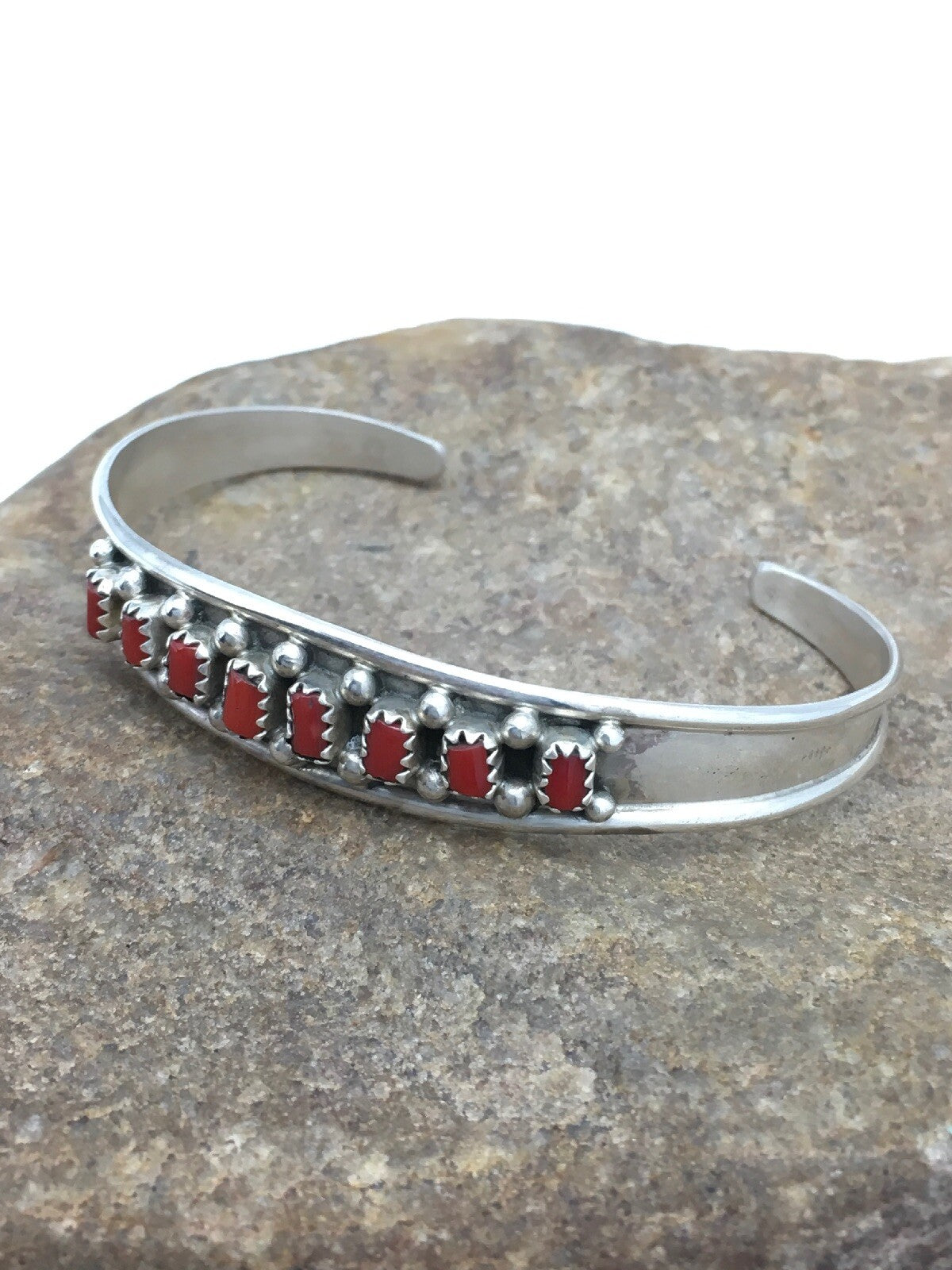 Native American Indian Coral Petite Navajo Sterling Silver Bracelet 04027