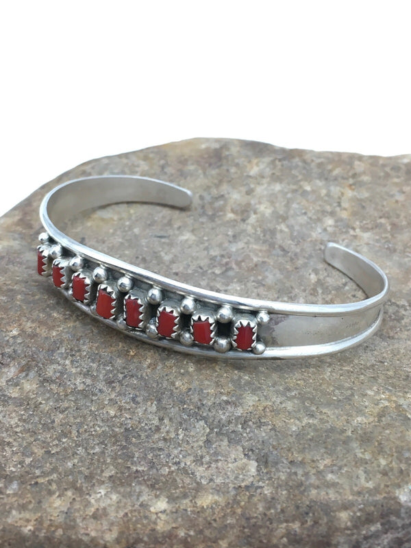 Coral Petite Navajo Bracelet | Sterling Silver | Authentic Native American Handmade | 04027